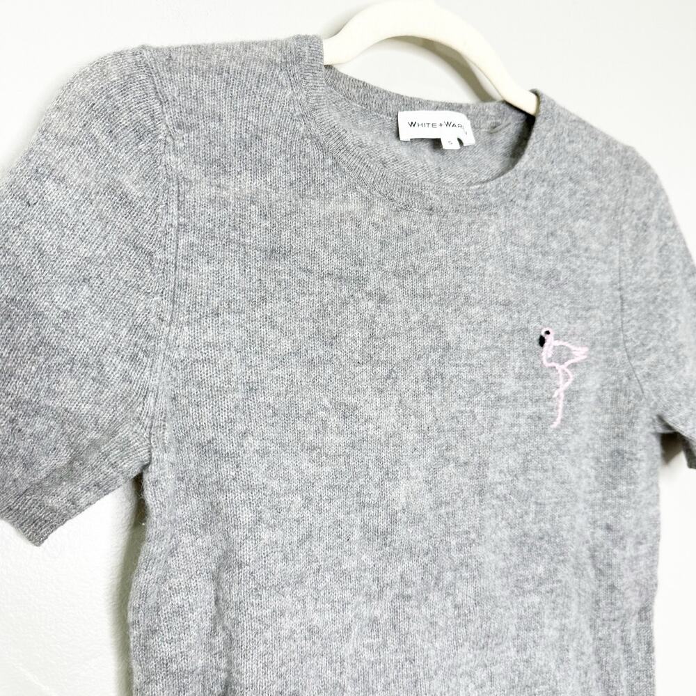 White + Warren Gray Short Sleeve Cashmere Sweater with Pink Embroidered Flamingo - Picture 3 of 5